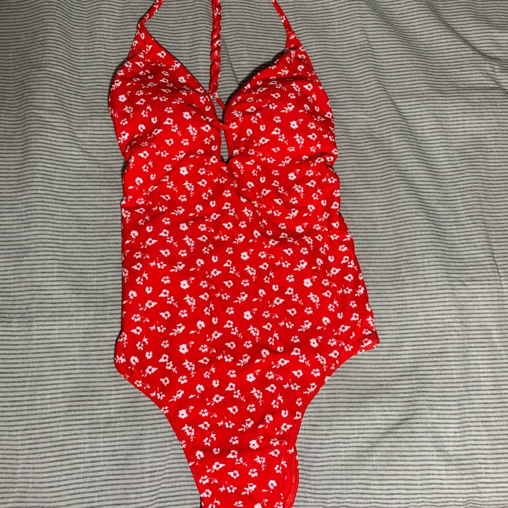 Red and white flower print one piece bathing suit